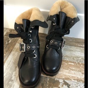 NWT~FRYE  MOTO~COMBAT BOOTS~FUR~BLACK LEATHER ~6.5